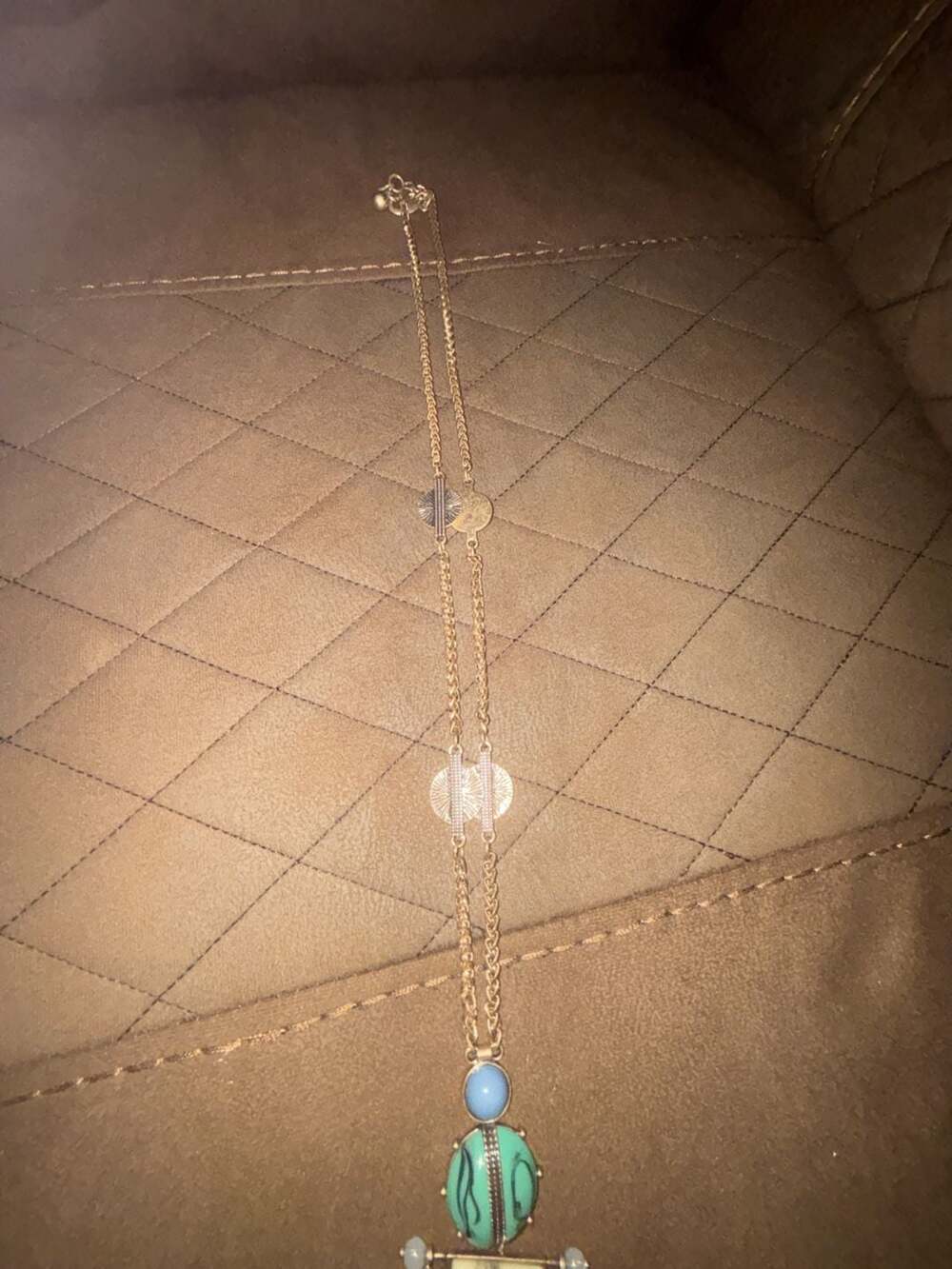 Lucky Brand Silver Tone Pear Shaped Large Pendant Necklace Turquoise Tassel Set - Picture 6 of 7
